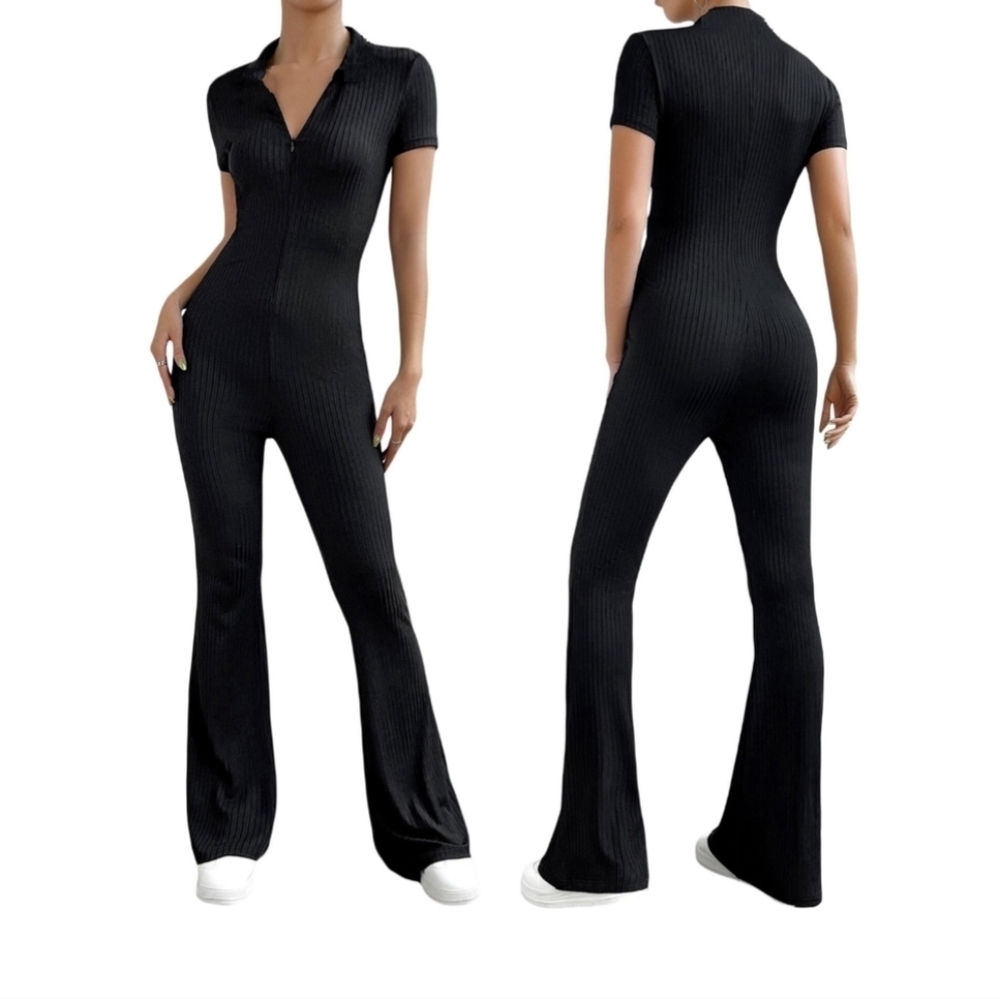 36 Point 5 Flare Bodycon Jumpsuit Short Sleeve Flat Collar W/Gold Chain Neckline